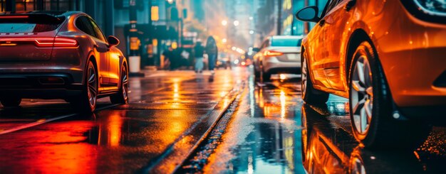 art downtown night life storm reflections wet automobile illuminated city street