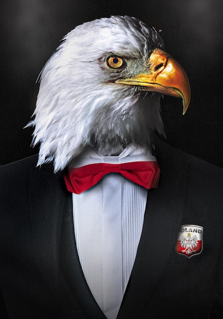 Photo art drawing collage symbol of poland national traditional eagle in a suit whitered shades flag