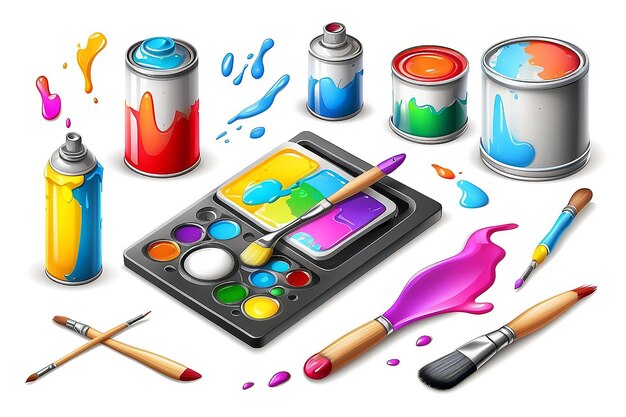 Foto disegno artistico pittura set di icone 3d strumenti per il disegno e la creatività attività artistiche vernice goccia tela spray può dipingere pennello palette disegno tablet