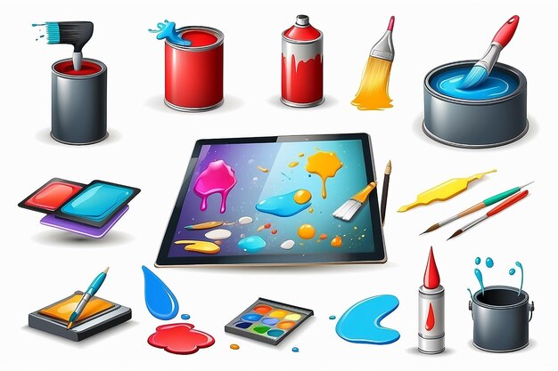 Photo art drawing painting 3d icon set tools for drawing and creativity art activities paint drop canvas spray can paint brush palette drawing tablet