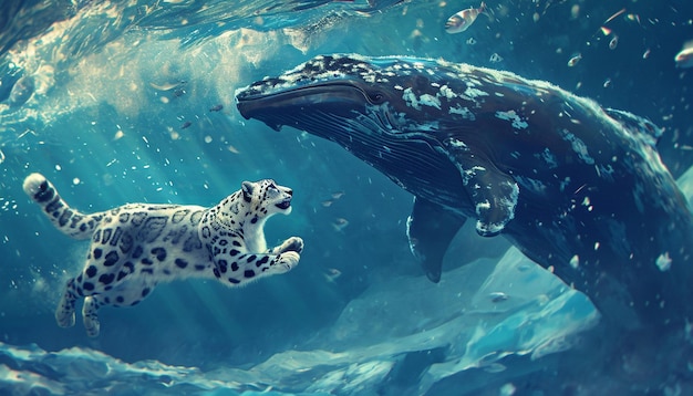 絶滅危惧種 雪のヒョウと青いクジラ