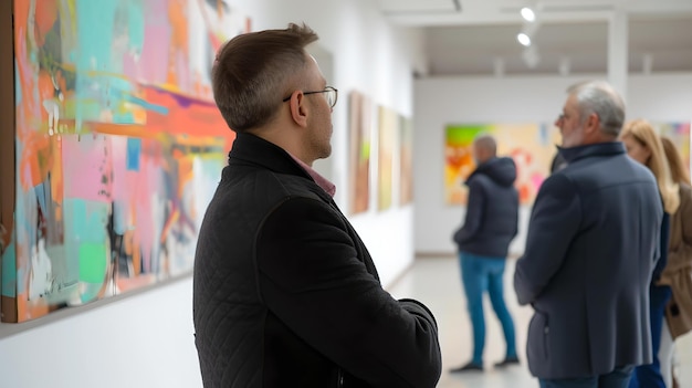 Art enthusiasts enjoy vibrant paintings at a modern gallery exhibit ideal for advertising contemporary art scene AI