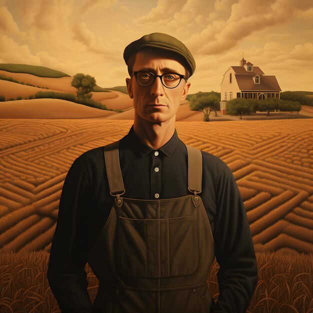 Art of farmer in the style of grant wood