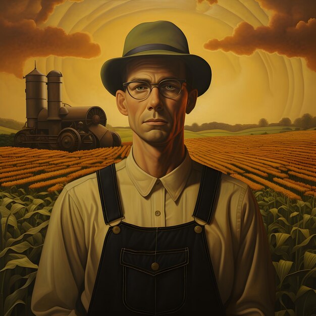 Art of farmer in the style of grant wood