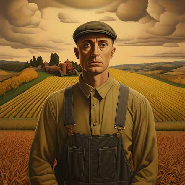 Art of farmer in the style of grant wood