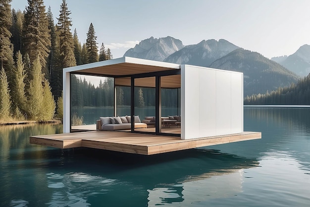 Art in a floating house on a lake mockup with blank white empty space for placing your design