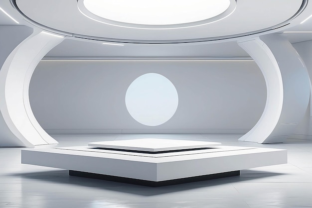 Art on a floating levitating platform in a futuristic space mockup with blank white empty space for placing your design