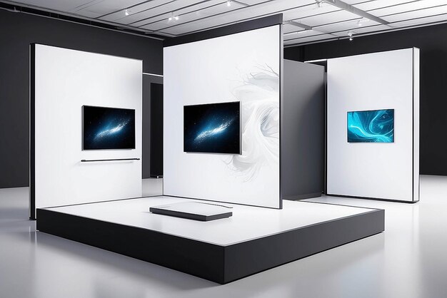 デザインを配置するために空白の白い空きスペースを備えたテクノロジー展示モックアップの浮遊磁気ディスプレイ上のアート