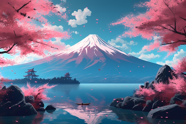 art of fuji mountains in japan sakura pink leaves in nature generated ai