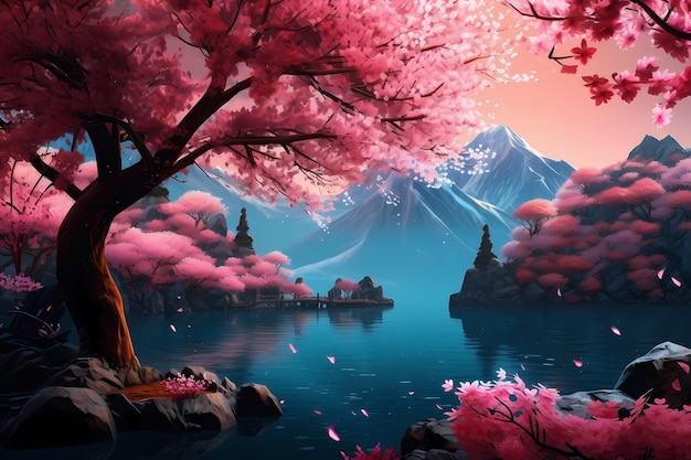 art of fuji mountains in japan sakura pink leaves in nature generated ai