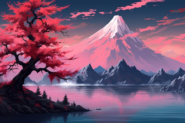 art of fuji mountains in japan sakura pink leaves in nature generated ai