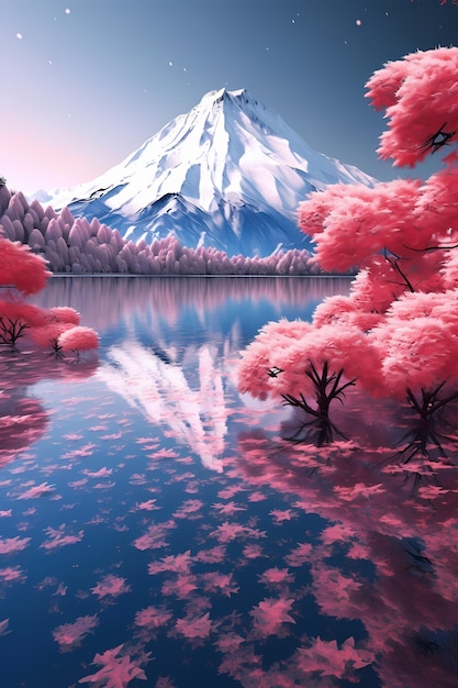 日本の富士山の芸術、自然の中で生成された桜のピンクの葉、ai