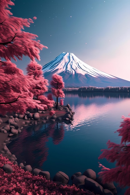 art of fuji mountains in japan sakura pink leaves in nature generated ai