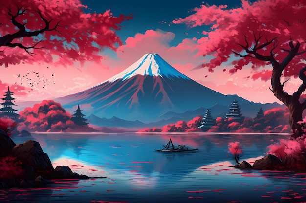 art of fuji mountains in japan sakura pink leaves in nature generated ai