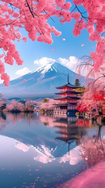 Foto arte delle montagne fuji in giappone sakura foglie rosa in natura generato ai