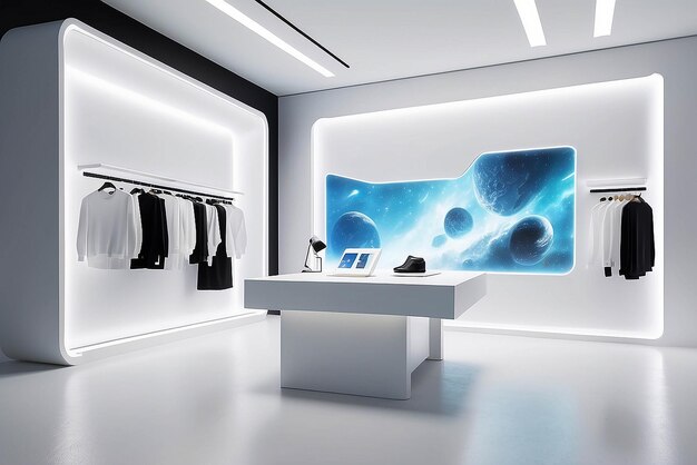 Art in a futuristic concept store mockup with blank white empty space for placing your design