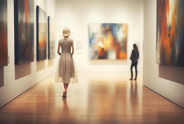 an art gallery featuring paintings of a woman in the background