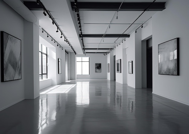 Art gallery interior Beautiful modern white glossy walls and floor interior Generative Ai