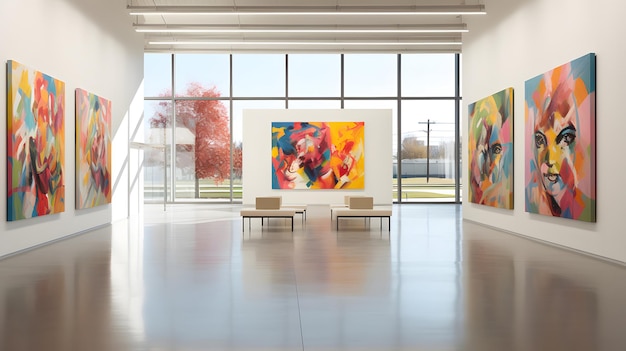 Foto una galleria d'arte con bellissimi dipinti esposti su pareti bianche minimaliste