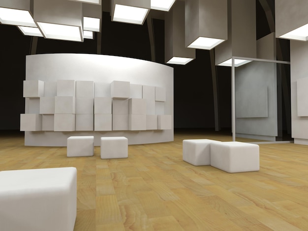 Art gallery with blank frames, modern building, conceptual architecture