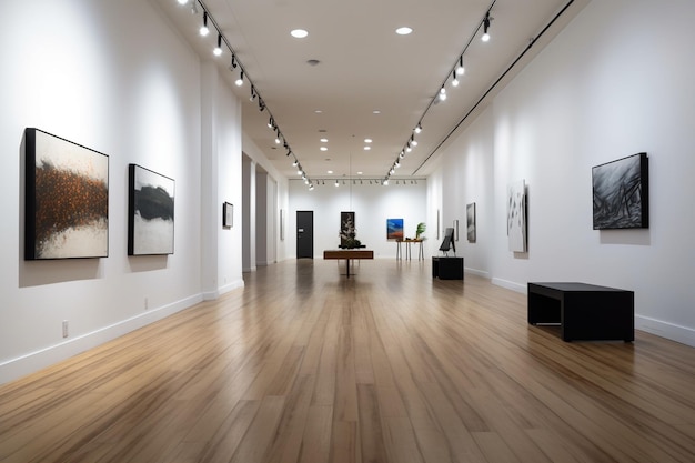 Art gallery with white walls track lighting and minimalist pedestals for artwork display