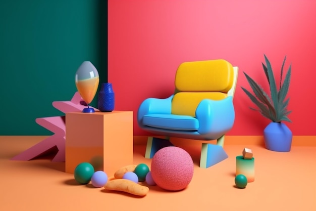 Art geometric interior room sofa illustration memphis design colourful home armchair Generative AI