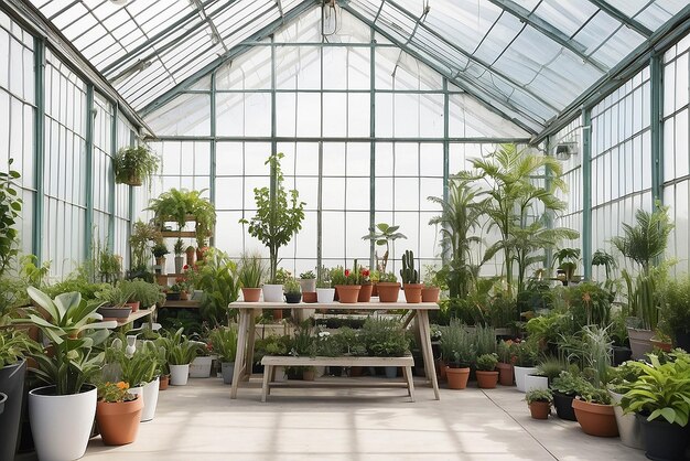 Art in a greenhouse with botanical displays mockup with blank white empty space for placing your design