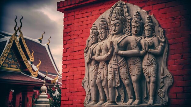 Art of hinddu religion on cement figure on red brick at public temple in thailand