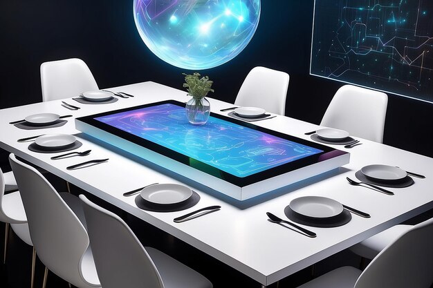 Art on a holographic dining table with interactive elements and dynamic table settings mockup with blank white empty space for placing your design