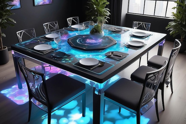 Photo art on a holographic dining table with interactive elements and dynamic table settings mockup