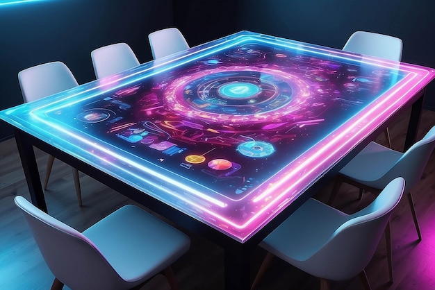 Art on a holographic dining table with interactive elements mockup