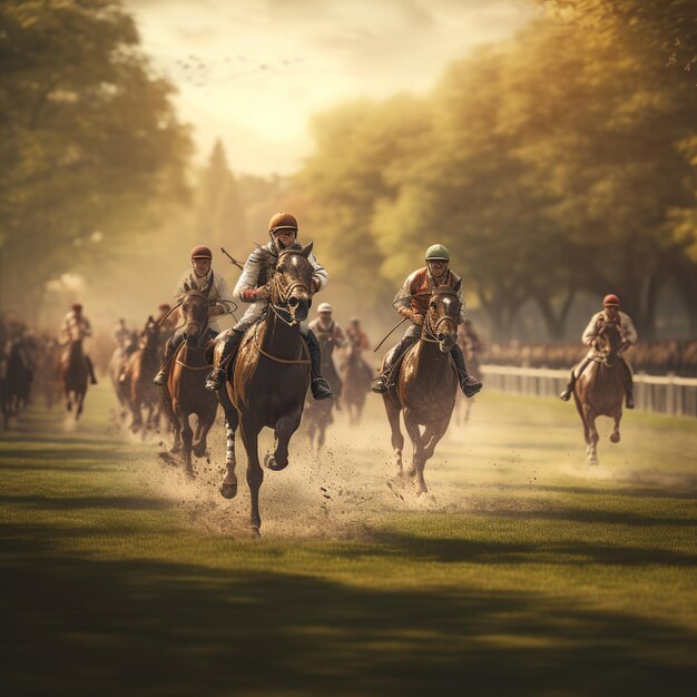 Photo the art of a horse race going through the field and city