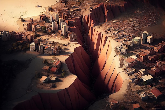 Art Illustration of Aerial view of Cracked land and the city after the mega earthquake Fly View