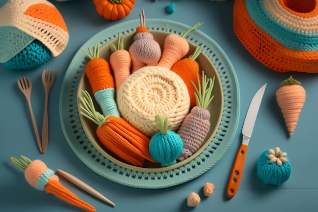 Foto illustrazione artistica di forme vegetali lavorate a maglia per foto in ristoranti di caffè sale da pranzo colorate realistiche