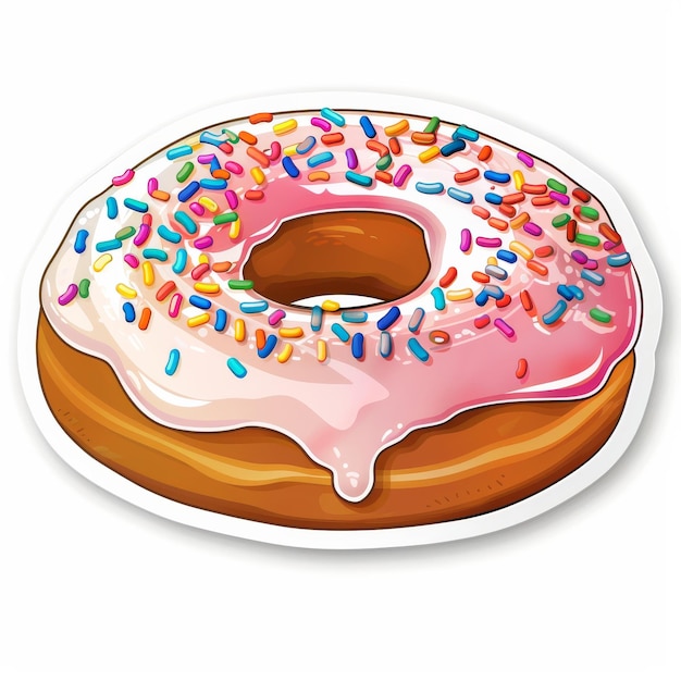 Foto illustrazione artistica e adesivo di una ciambella dei cartoni animati con spruzzate rosa e stampa in vinile dell'emoji dell'icona alimentare