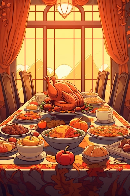 Art illustration for Thanksgiving dinner with turkey pumpkin roasted turkey and other food