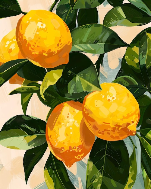 Photo art illustration with yellow lemons and leaves