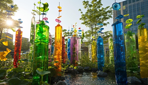 Art installation featuring recycled materials and water