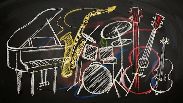 Art instruments music on colorful blackboard