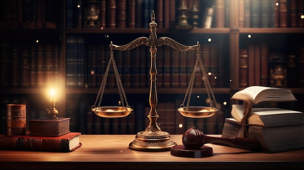 The Art of Justice Hyperrealistic Illustration Symbolizing Equity and Balance in a Library Setting