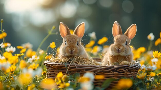 art Little Easter bunny and Easter eggs on green grass