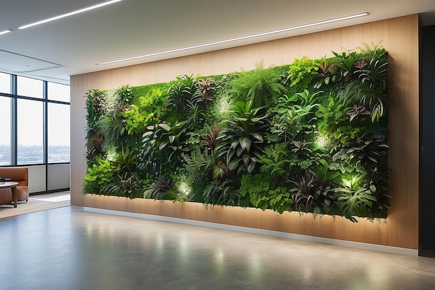 Art on a living wall with embedded LEDs and soundscapes in a biophilic office mockup