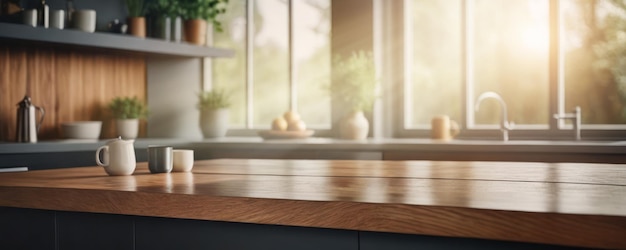 Art modern Kitchen background wooden top counter in sunny home interior cooking banner design