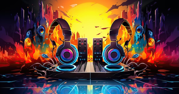 Art music studio background with dj headphones