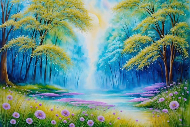 Art of a natural landscape with flowers and trees