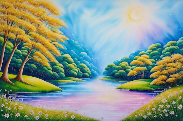 Art of a natural landscape with river and trees