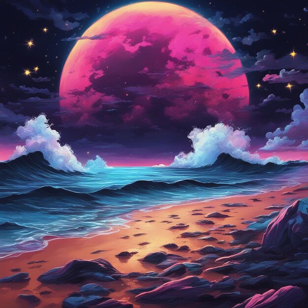 Art of the neon moonlight sea in the dark night