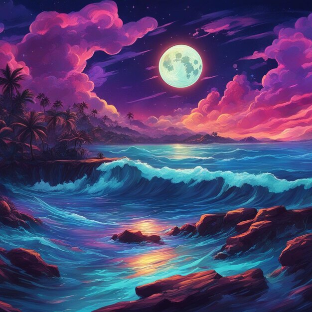 Art of the neon moonlight sea in the dark night