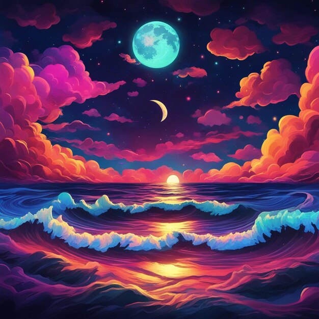 Art of the neon moonlight sea in the dark night