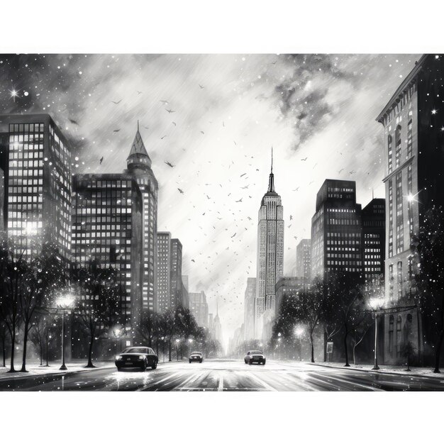 Photo art new year postcard black and white sketch view of the sky up the street of the metropolis